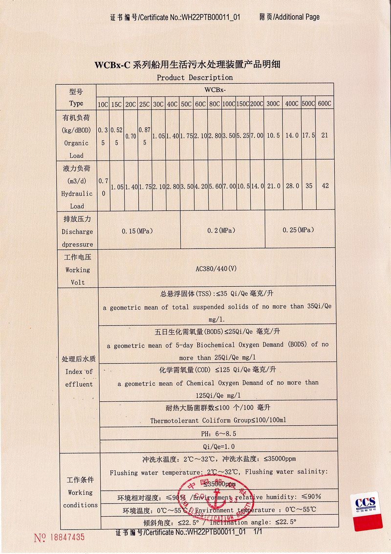 WCBx-C型生活污水處理裝置型式認(rèn)可證書(shū)